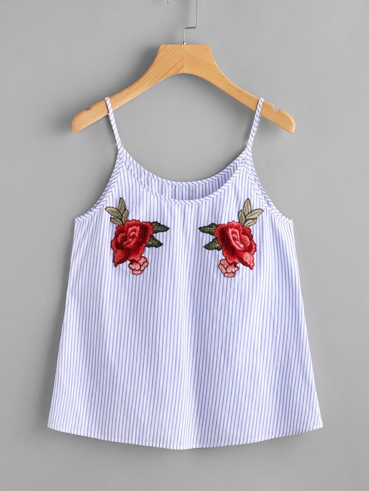 Romwe Embroidered Rose Patch Pinstripe Cami Top
