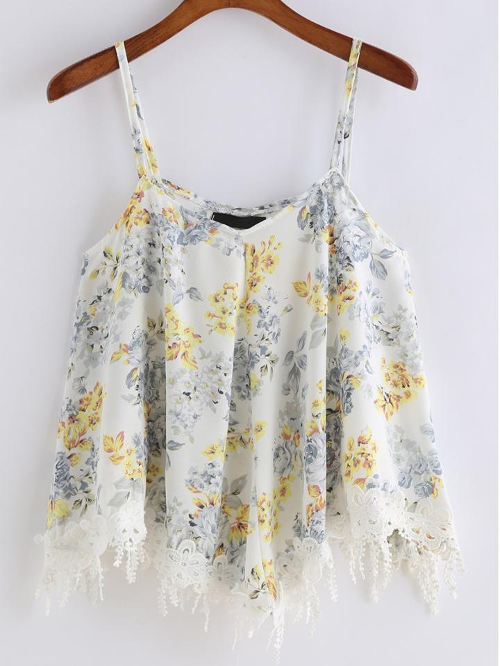 Romwe Spaghetti Strap Florals Contrast Hem Cami Top