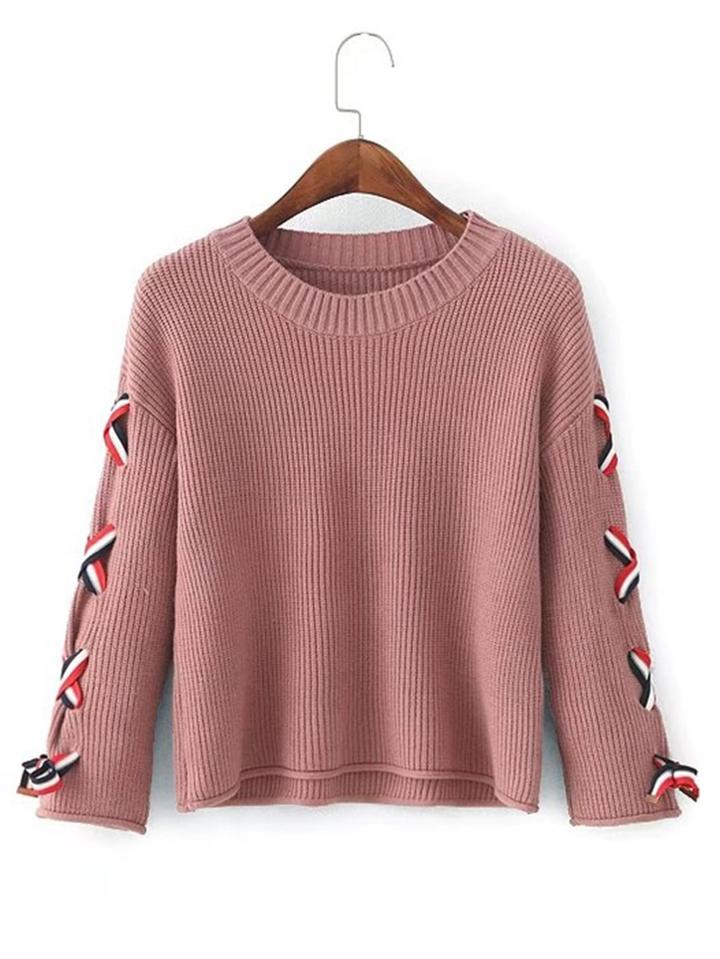 Romwe Lace Up Sleeve Ribbed Trim Sweater