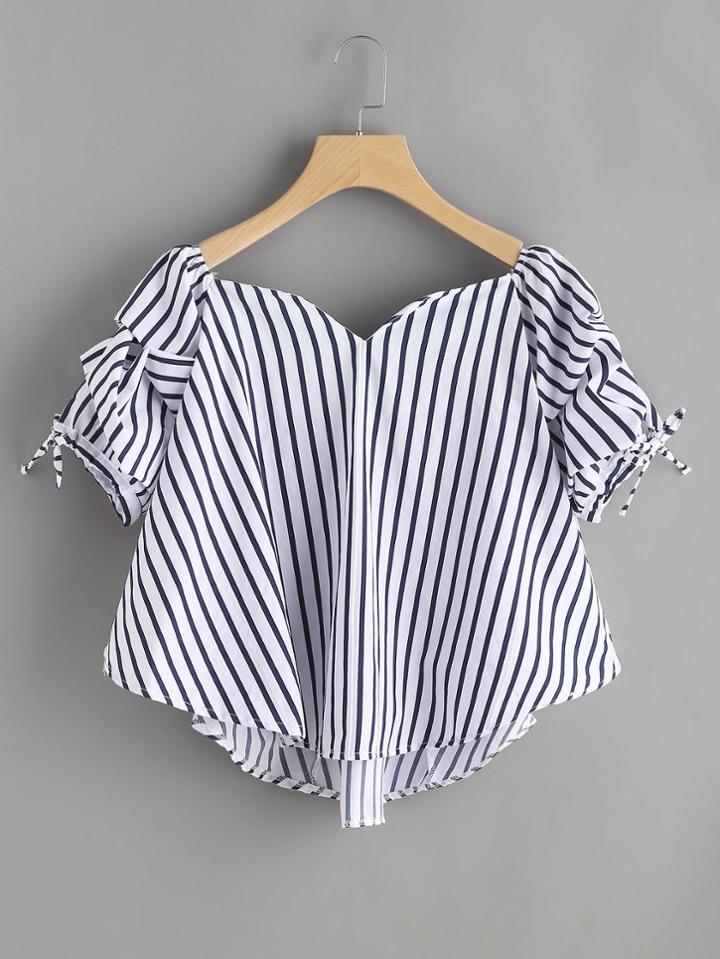 Romwe Vertical Striped Tie Sleeve Split Back Top
