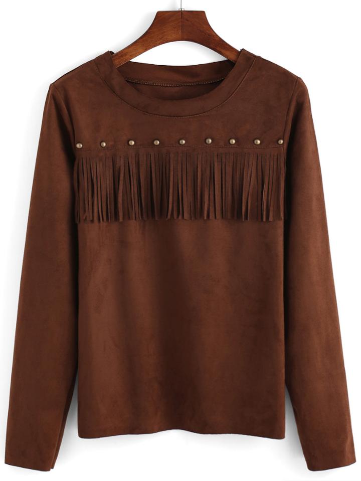 Romwe Long Sleeve Fringes Suede Khaki Blouse
