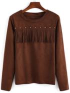 Romwe Long Sleeve Fringes Suede Khaki Blouse