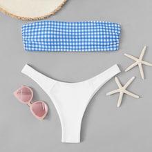 Romwe Random Gingham Bandeau With High Cut Bikini Set