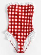 Romwe Frill Checker Bandeau Swimsuit