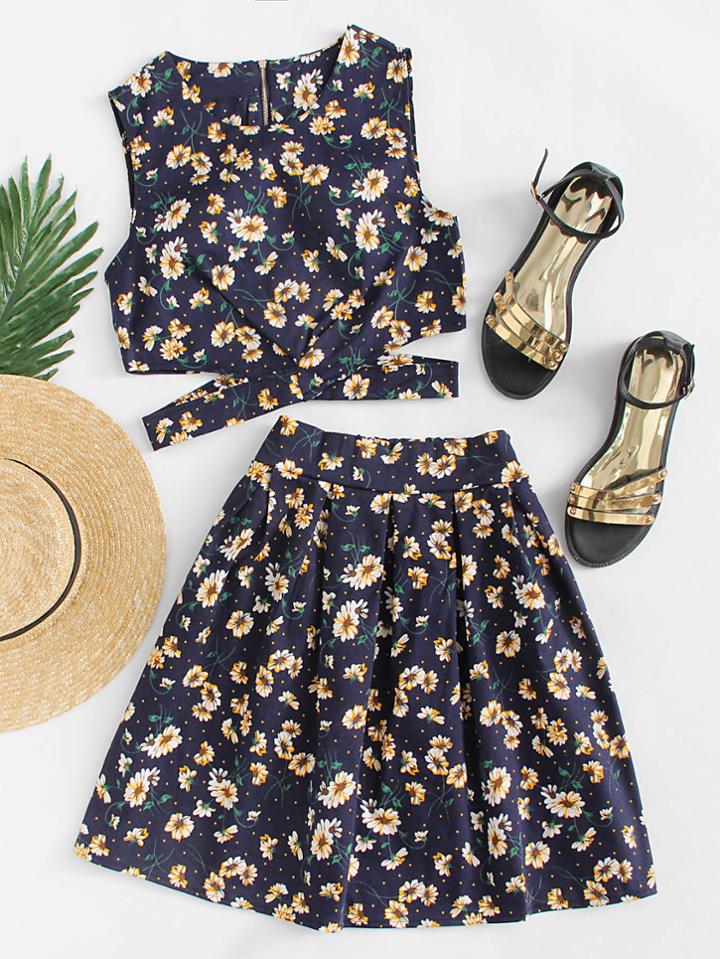 Romwe Floral Print Cut Out Waist Top With Skirt
