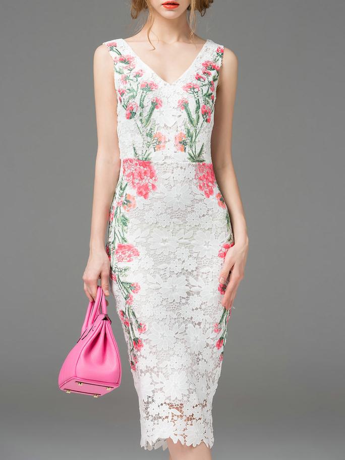 Romwe White V Neck Backless Sheath Lace Dress