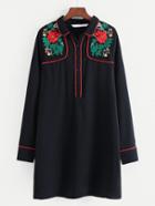 Romwe Contrast Trim Embroidered Shirt Dress