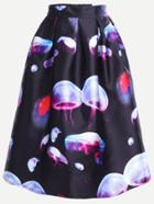 Romwe Black Jellyfish Print Midi Skirt