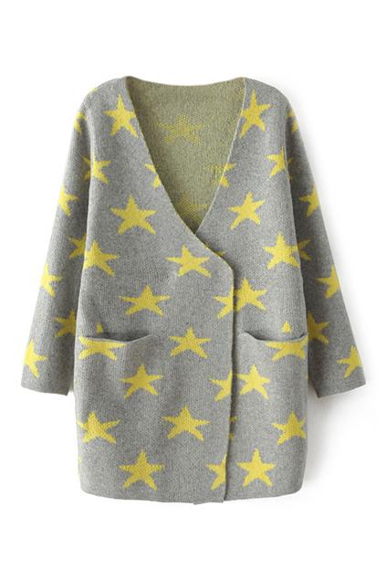 Romwe Star Knitted V Neck Cardigan