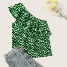 Romwe Calico Print Flounce Trim Asymmetrical Neck Blouse
