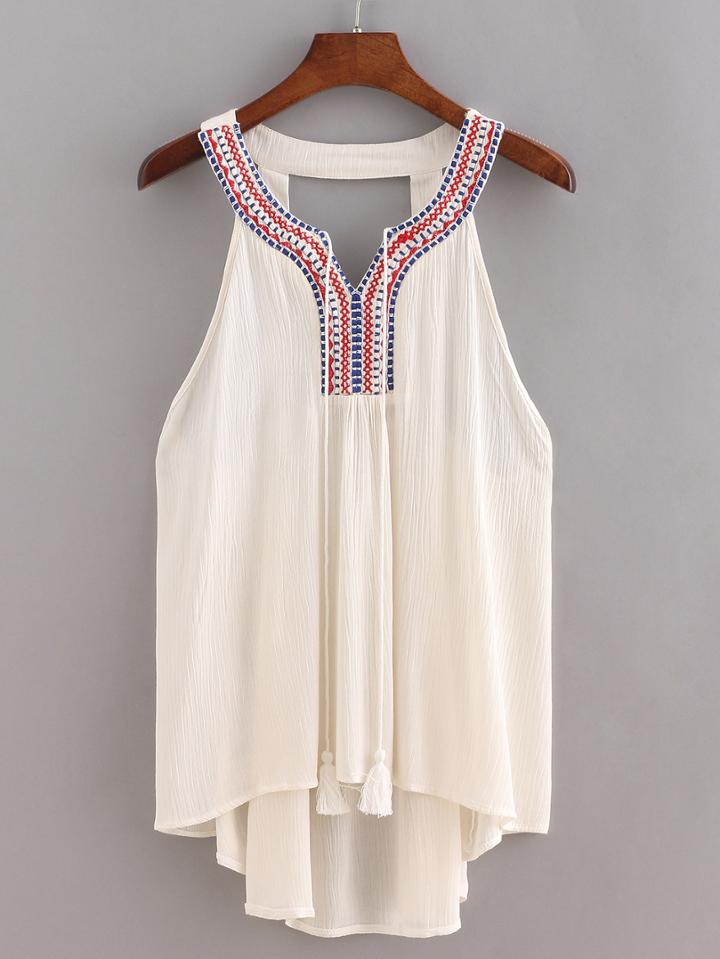 Romwe Embroidered Halter Neck Cutout Back White Top
