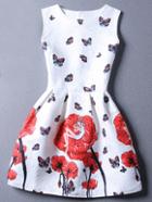Romwe Red White Sleeveless Floral Jacquard Dress