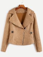 Romwe Khaki Suede Dip Hem Back Belt Zipper Jacket