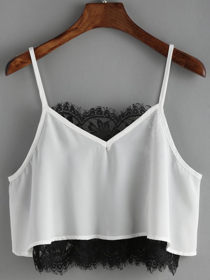 Romwe Spaghetti Strap Contrast Lace Chiffon Cami Top