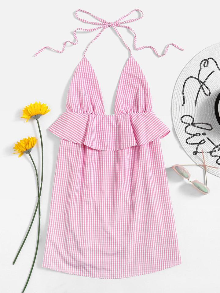 Romwe Halter Neck Checked Frill Trim Dress