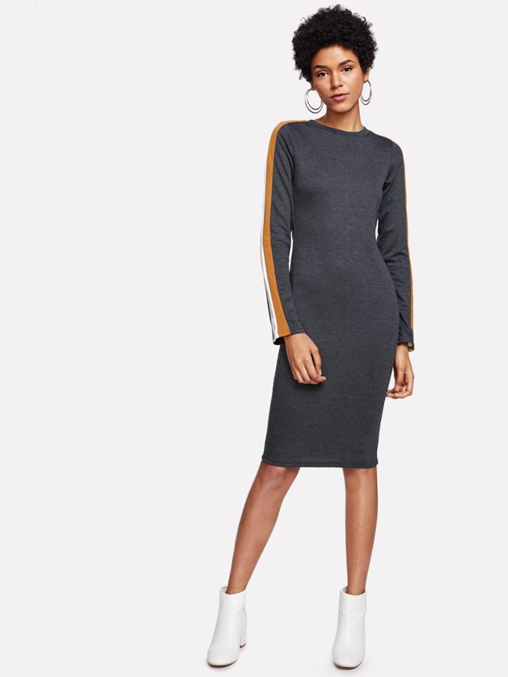 Romwe Striped Sleeve Heather Knit Pencil Dress