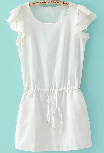 Romwe Ruffle Bead Drawstring Waist White Dress