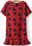 Romwe Red Short Sleeve Hearts Print Ruffle Dress