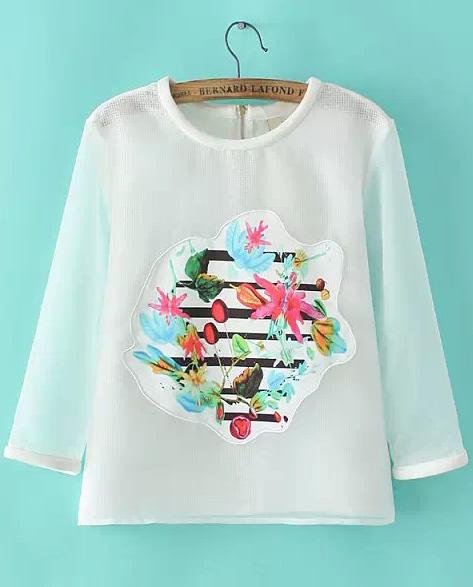 Romwe Embroidered Organza Loose White Blouse