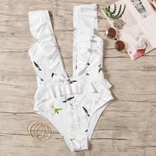 Romwe Random Bird Print Ruffle Plunge One Piece Swim
