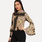 Romwe Scarf Print Flounce Sleeve Blouse