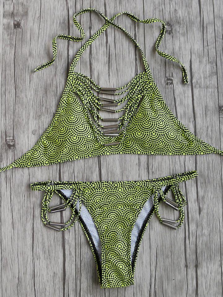 Romwe Yellow Polka Dot Print Strappy Halter Bikini Set