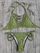 Romwe Yellow Polka Dot Print Strappy Halter Bikini Set