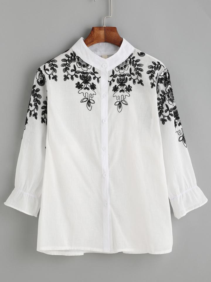 Romwe White Band Collar Embroidered Ruffle Cuff Blouse