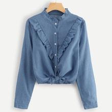 Romwe Frill Trim Single Breasted Knot Hem Blouse