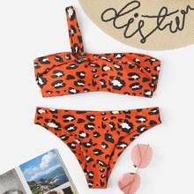 Romwe Leopard One Shoulder Top With Low Rise Bikini