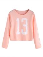 Romwe Pink Number Print Crop T-shirt