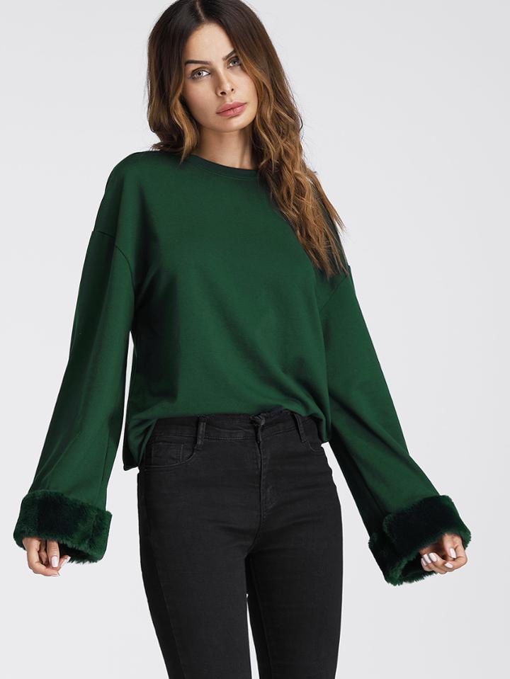 Romwe Faux Fur Cuff Drop Shoulder Raw Hem Sweatshirt