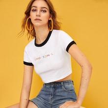 Romwe Letter Embroidery Contrast Binding Crop Tee