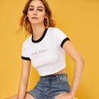 Romwe Letter Embroidery Contrast Binding Crop Tee