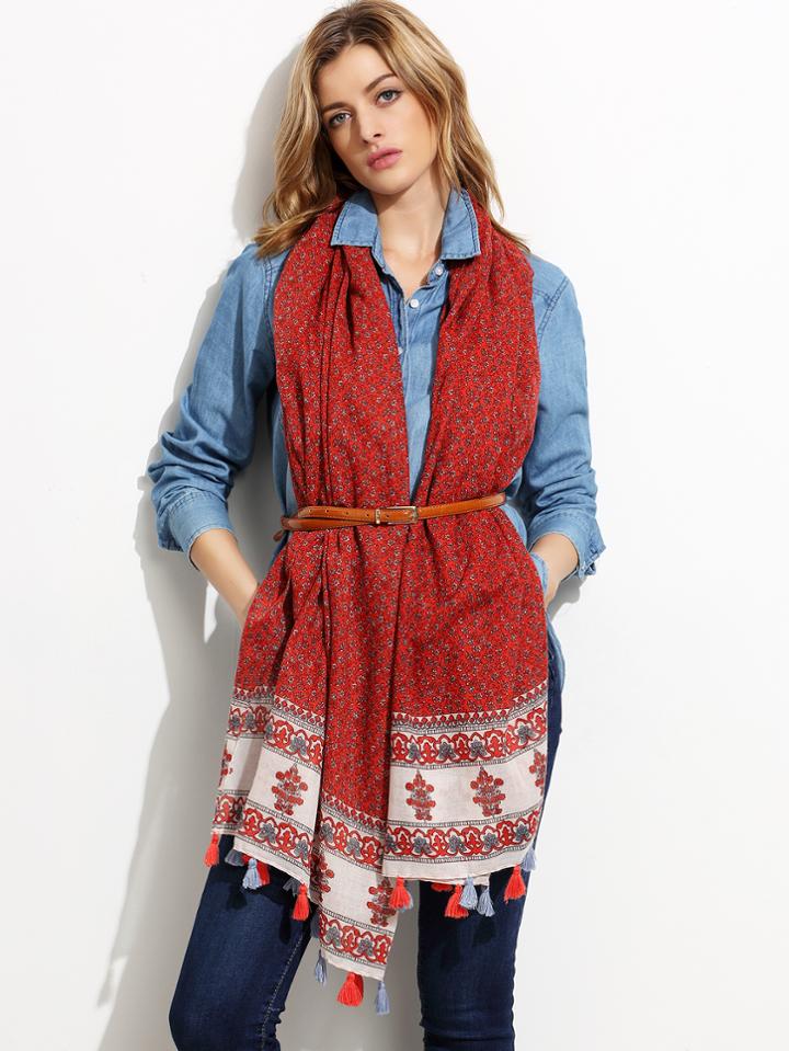 Romwe Red Floral Print Tassel Trim Scarf