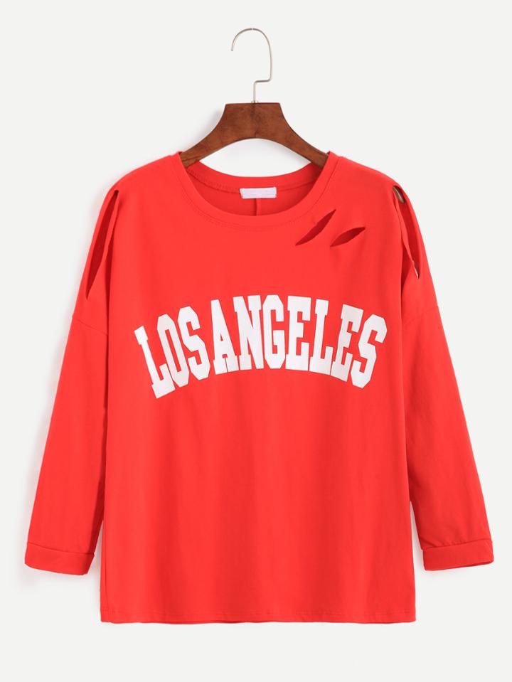 Romwe Red Letter Print Drop Shoulder Distressed T-shirt