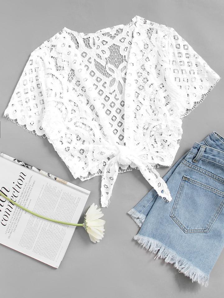 Romwe Tie Front Cover Up Lace Top
