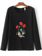 Romwe Black Flower Embroidered Split Side Sweatshirt With Zipper