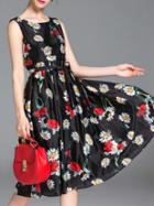 Romwe Black Tie-waist Print A-line Dress
