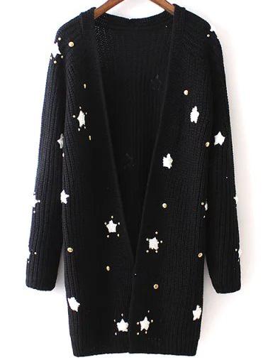 Romwe Stars Pattern Bead Black Coat