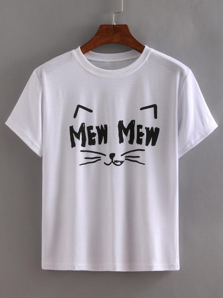 Romwe White Smiley Cat Print T-shirt