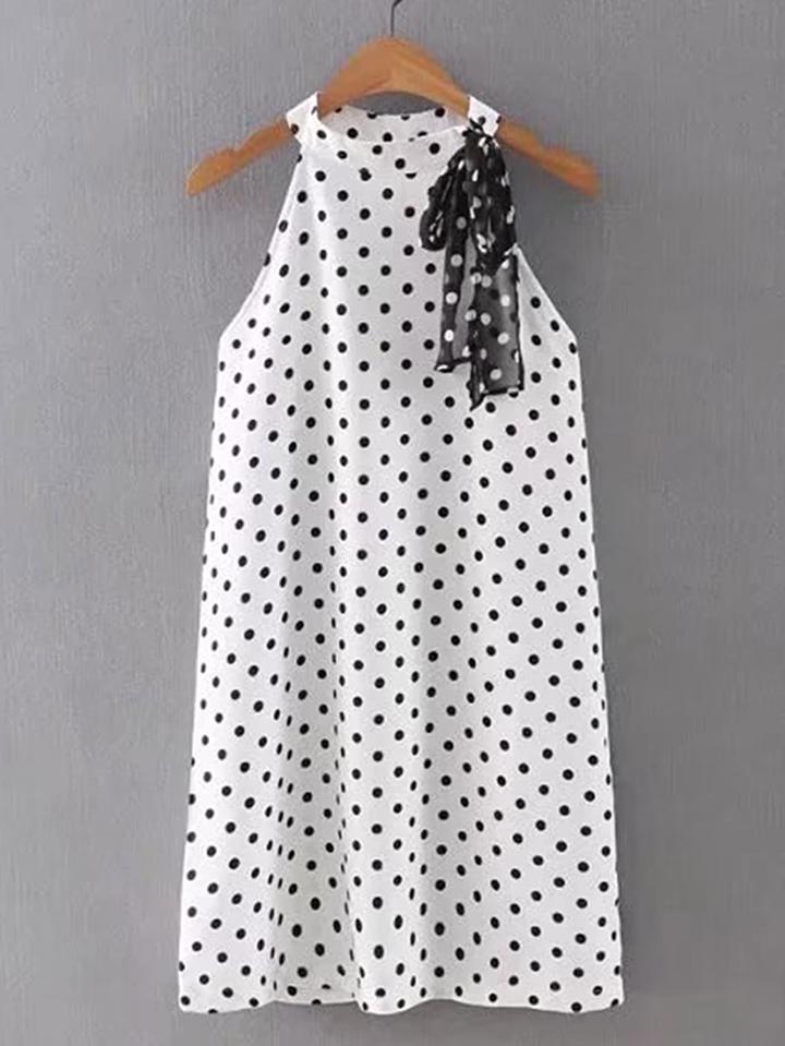 Romwe Polka Dot Lace Up Detail Tank Dress