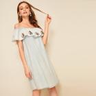 Romwe Off The Shoulder Floral Embroidery Denim Dress