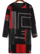 Romwe Round Neck Geometric Pattern Pockets Red Dress