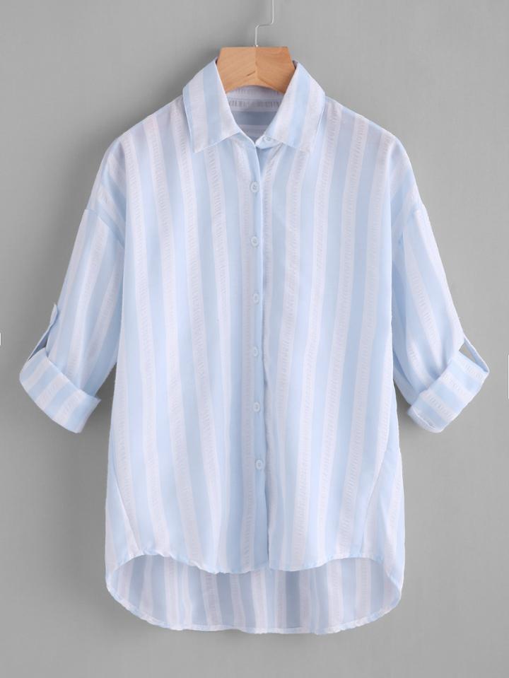 Romwe Contrast Striped Drop Shoulder Rolled Sleeve Shirt