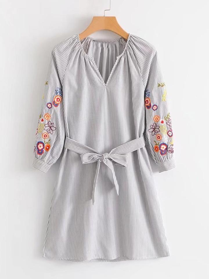 Romwe Embroidered Raglan Sleeve Striped Dress With Belt