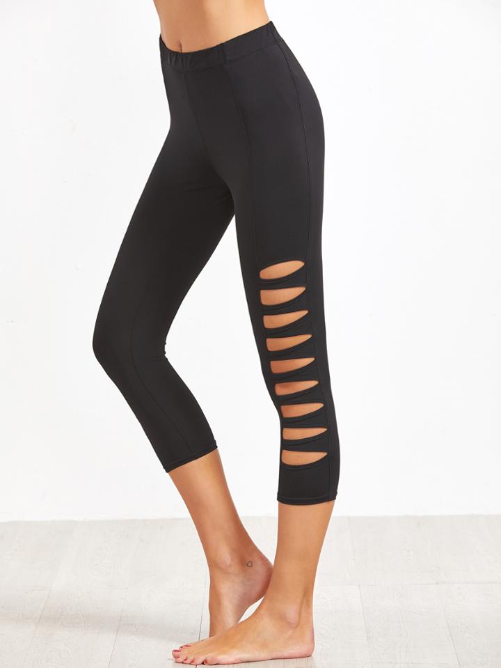 Romwe Black Cutout Crop Leggings