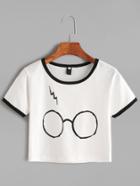 Romwe White Contrast Trim Glasses Print T-shirt