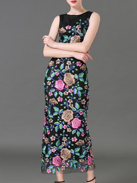 Romwe Black Gauze Embroidered Maxi Dress