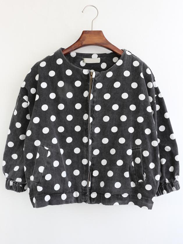 Romwe Round Neck Polka Dot Black Jacket